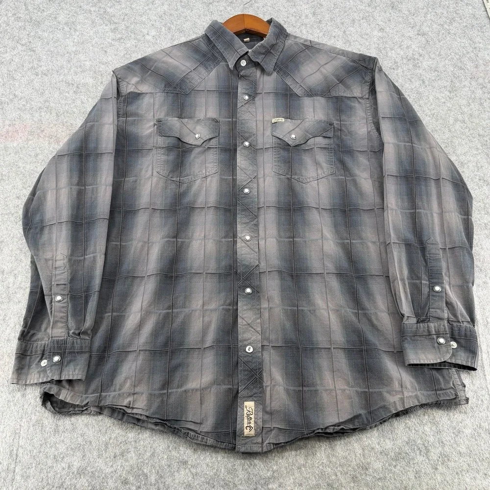 Rafter C Cavenders Mens Grey Plaid Western Pearl Snap Long Sleeve Shirt XL